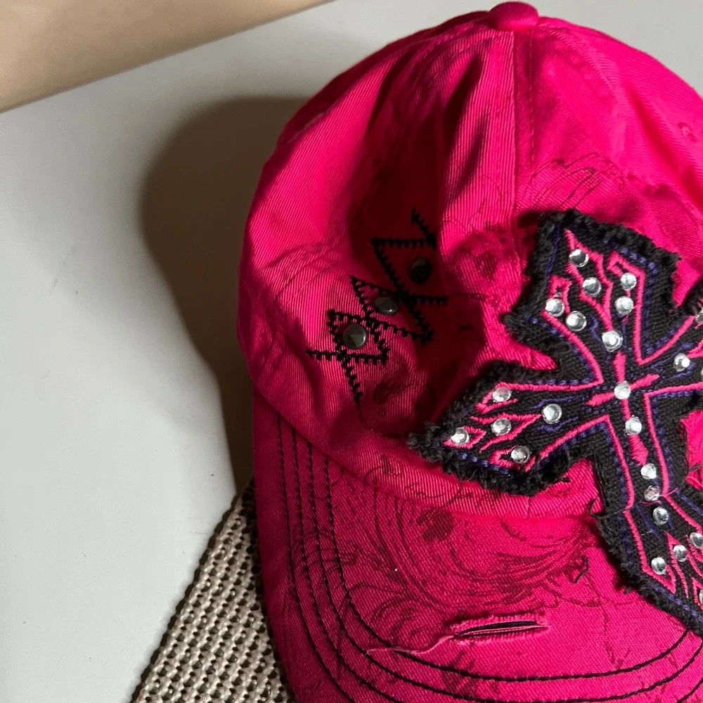 KBETHOS Hot Pink Gothic Rhinestone Cross Distressed Baseball Cap Hat Y2K Edgy